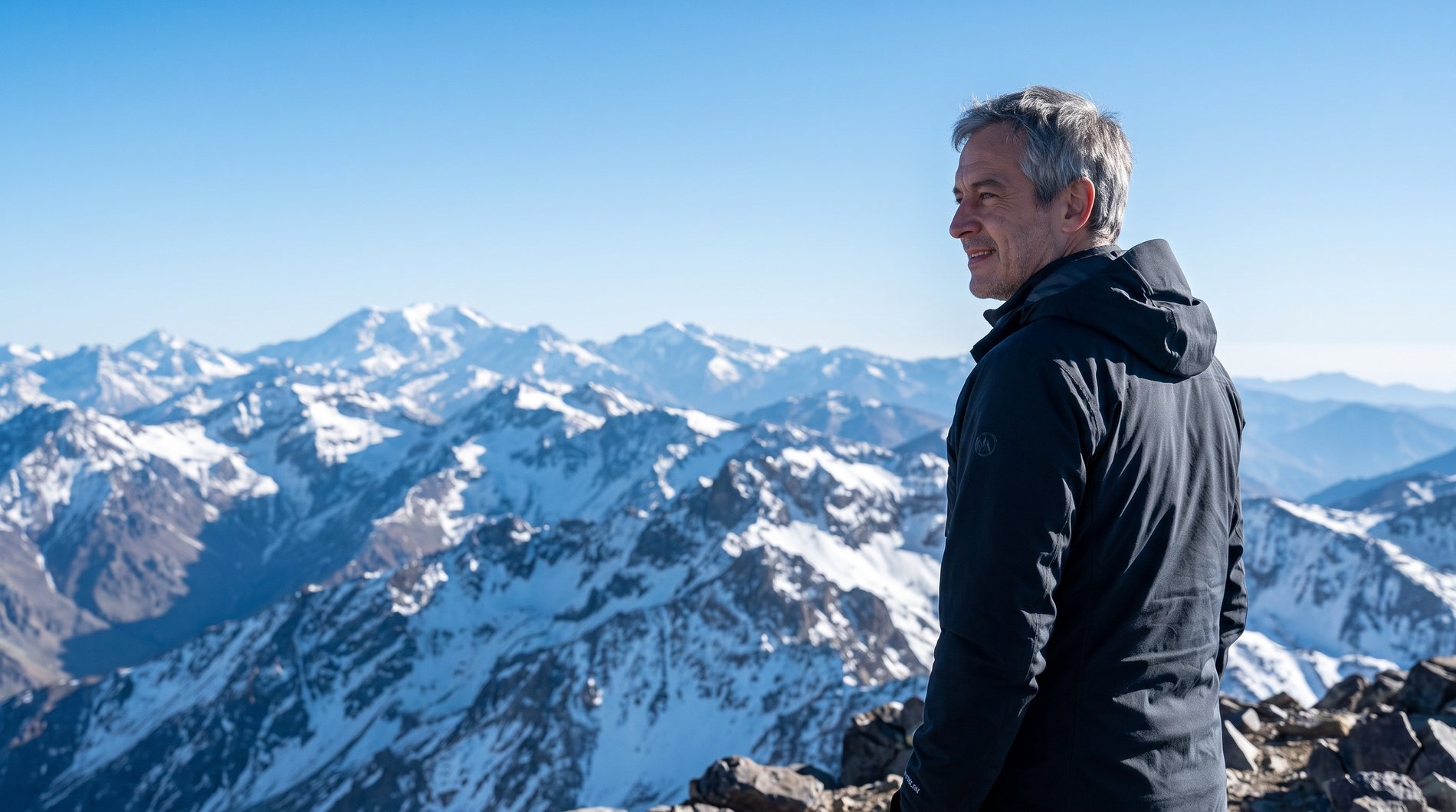 Persona de pie en la cima de una montaña frente a una cordillera